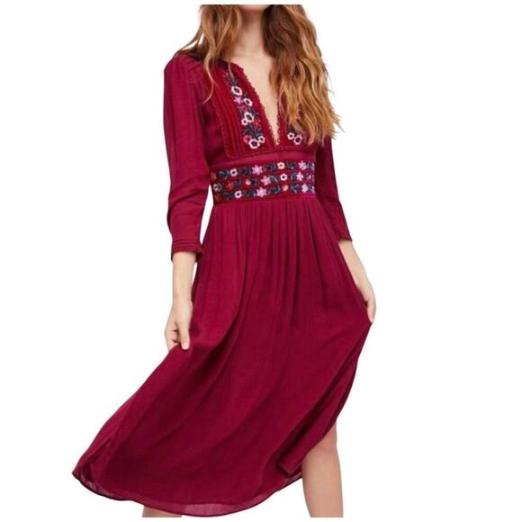 Free People embroidered floral midi dress in raspberry size XSmall - Picture 1 of 11